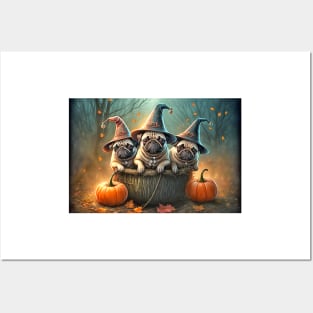 Pug Dogs Halloween Witches Pumpkins Posters and Art